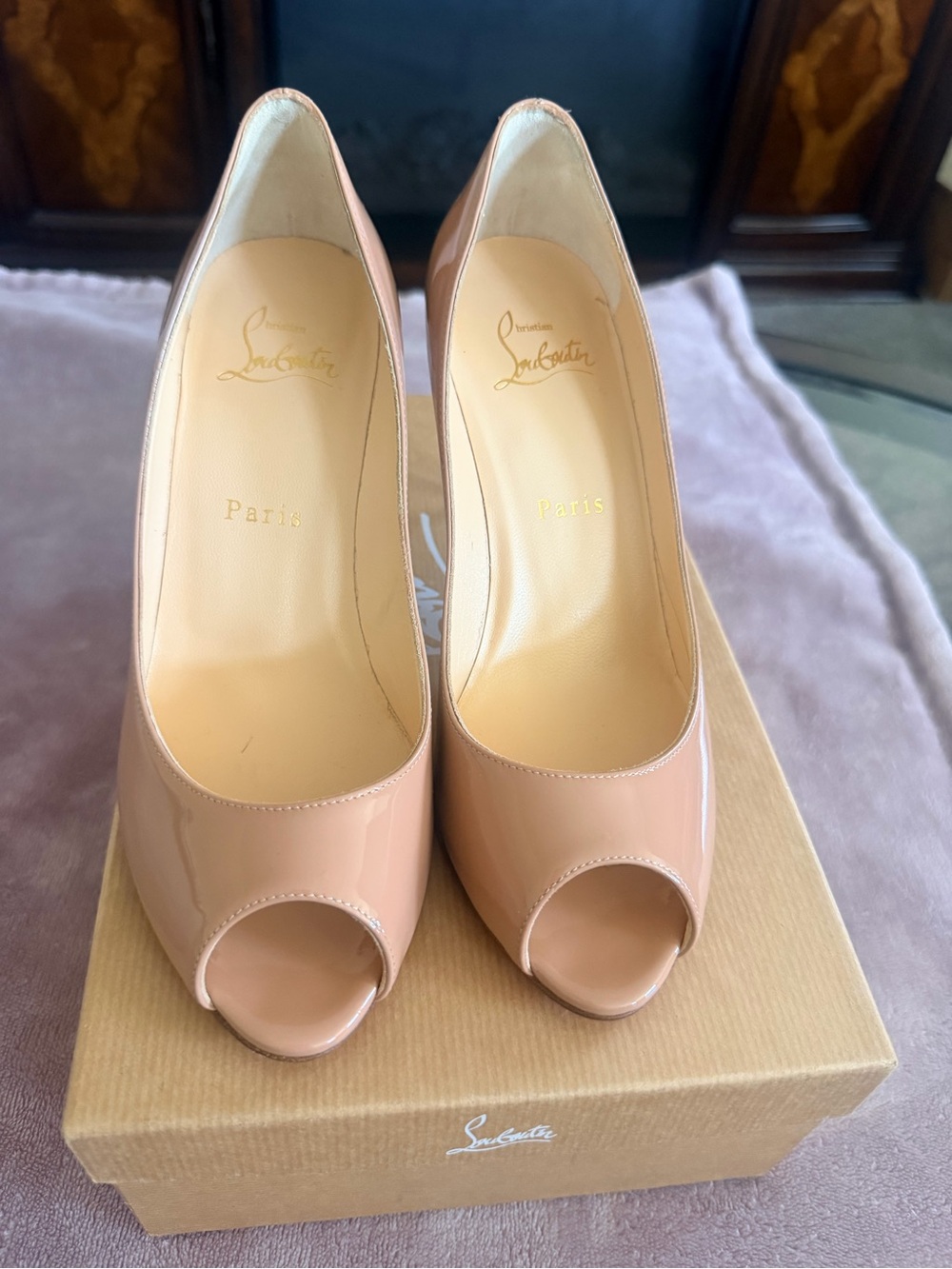 Christian Louboutin Blush Patent Leather Peep-Toe Pumps 85mm